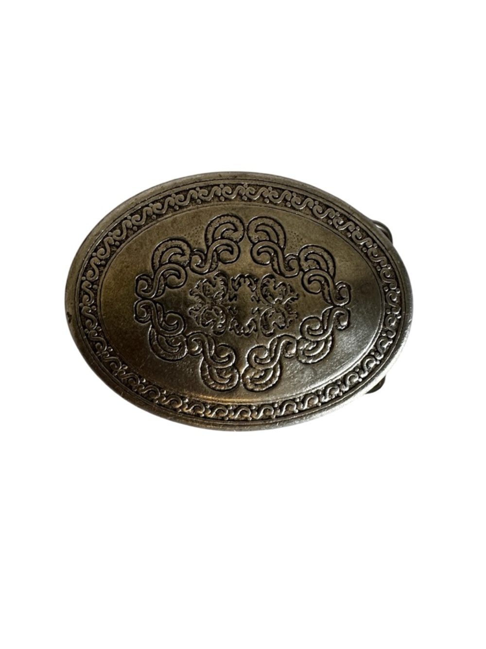 Legend West VTG Engraved Silver Tone Oval Belt Buckle Ornate Scrollwork Cowboy